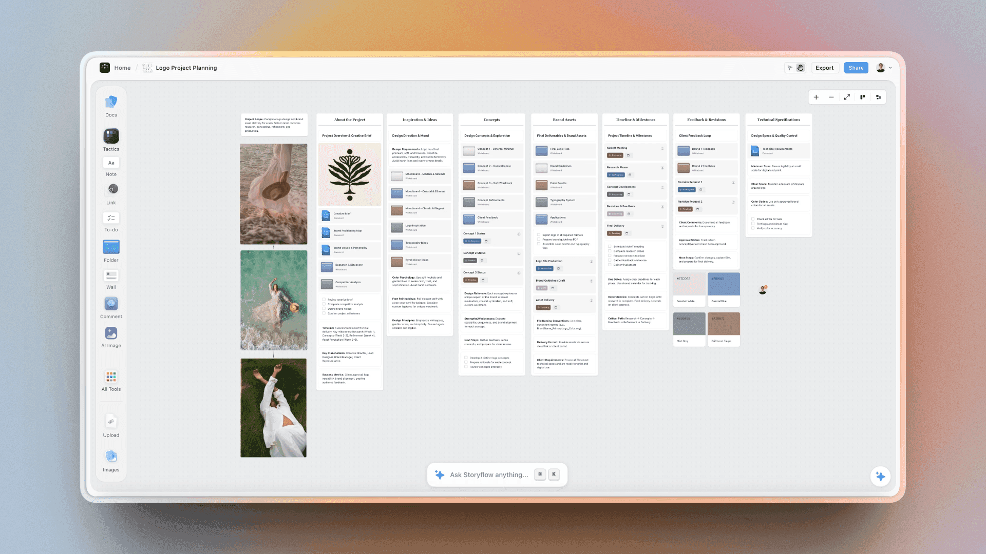 Brand identity board with logo, color, and type all on the same canvas as strategy layers